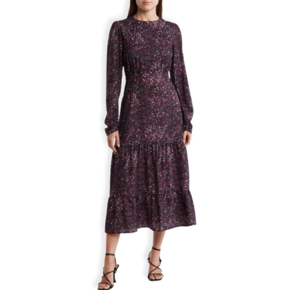 Area Stars Midi Dress Tiered Floral Print Long Sleeve Open Back Multicolor Small